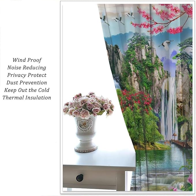 Waterfall Blackout Curtains, Forest Waterfall Rocky Lotus Fish Landscapes Print Window Drapes, for Living Room Bedroom 42" W X 54" L