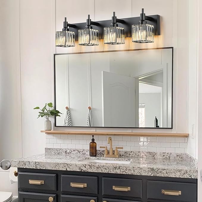 Black Crystal Bathroom Vanity Light 4-Light Modern Bathroom Lighting Fixtures