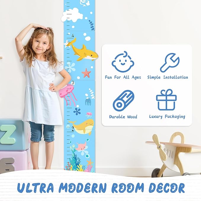 Personalized Name Growth Chart, Marine Animals Wooden Growth Chart for Kids, Height Chart for Boys Girls, Measuring Board for Kids Height for Child's Room, Nursery Decor Decoration