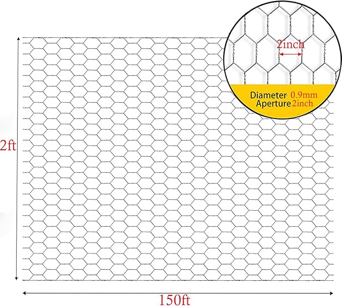 Galvanized Poultry Wire Netting 2" Hexagonal Mesh Wire Fence fit for Family Craft Projects Chicken Netting Garden Fencing Backyard Fencing (2ft x 150ft)