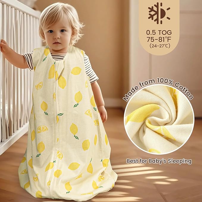 PHF Soft Baby Sleep Sack 18-24 Months 100% Organic Cotton Wearable Blanket, 2-Way Zipper 0.5 TOG Toddler Sleeping Sack 3 Pack, Comfy Sleep Bag for Baby Boys Girls, Lemon (X-Large)