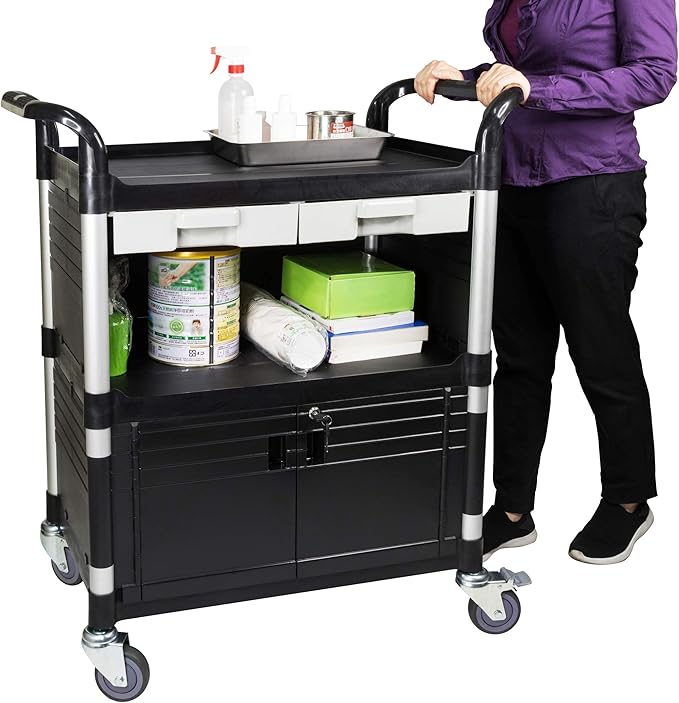 JaboEquip 3 Tier Heavy Duty Utility Cart, Lockable Medical Cart, 606 lbs Load for Lab, Hospital, Office, JB-3KD1, Black