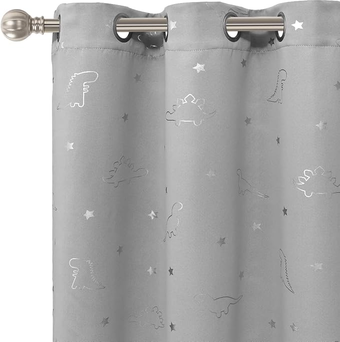 LORDTEX Dinosaur and Star Foil Print Blackout Curtains for Kids Room - Thermal Insulated Curtains Noise Reducing Window Drapes for Boys and Girls Bedroom, 42 x 84 Inch, Light Grey, Set of 2 Panels
