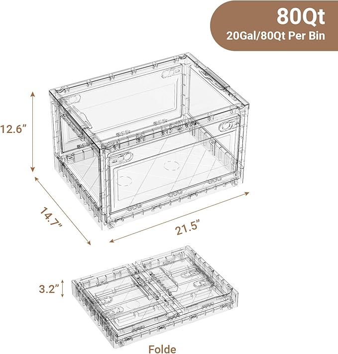 BROVIEW 80Qt Stackable Storage Bins with Lids Wheels, XL Clear Plastic Drawers Foldable Closet Organizers and Storage Cabinet Display Box Shelves with Front & Back Doors, for Home Office Garage,1Pack