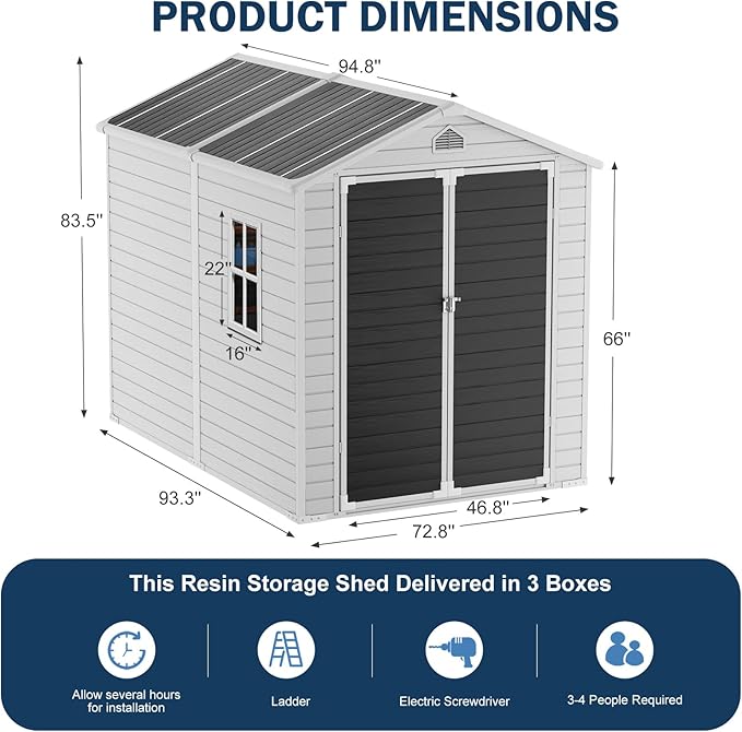 CDCASA 8x6 FT Resin Storage Shed, Large Waterproof Outdoor Sheds with Floor & Lockable Door & Vents, Outside Plastic Tool Shed for Backyard, Patio, Poolside, Cabinet