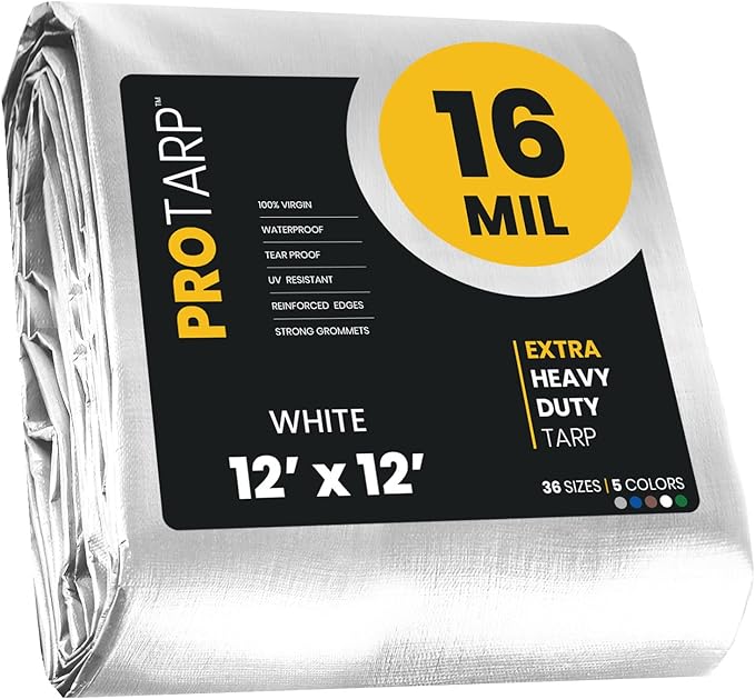 PROTARP Extra Heavy Duty 16 Mil Tarp Cover, Waterproof, UV Resistant, Rip and Tear Proof, Poly Tarpaulin with Reinforced Edges for Roof, Camping, Patio, Pool, Boat. (White 12′ X 12′)