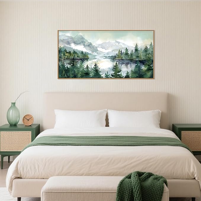 Celestdeco Watercolor Mountain Framed Canvas Wall Art Set, Boho Forest Wall Decor, Nature Green Pines Wall Painting, Forest Wilderness Artwork for Living Room, Bedroom, Dining Room, Office - 20"x40"x1