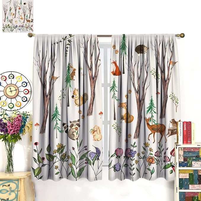Forest Animal Kids Curtains, Watercolor Cartoon Window Treatments, Cute Animal Floral Girl Toddler Home Bedroom Living Room Drapes 42x63in