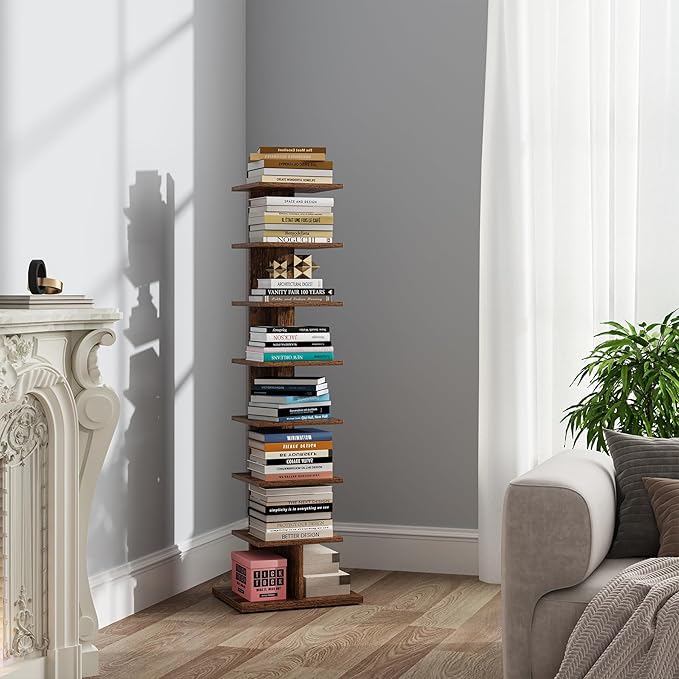 TUTOTAK Narrow Bookshelf, 8-Tier Bookcase, Spine Book Shelf for Small Space, Corner Standing Shelf for Living Room, Office, Study, Entryway, Rustic Brown BS06BB008