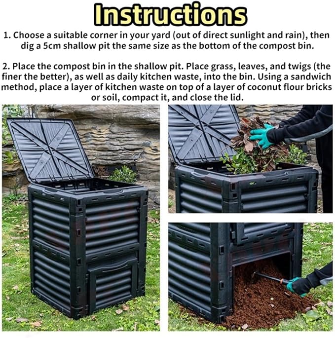 Large Fertilizer Fermentation Box, Plastic Compost Bin, Lightweight Outdoor Composting Box Suitable for Garden, Courtyard and Kitchen(Black,Medium)