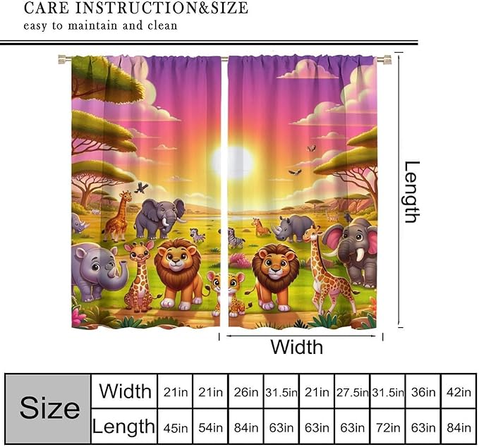 West Animal Curtains Kids Boys Girls Window Treatment Africa Cartoon Animals Lion Elephant Giraffe for Nursery Baby Bedroom Playroom Decor Window Drapes 63" W X 72" L