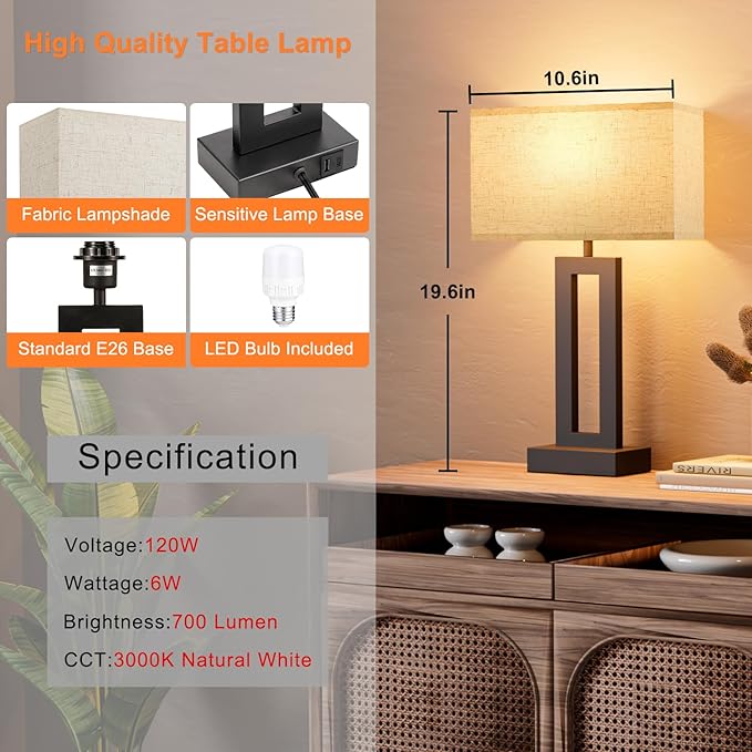 Nightstand Table Lamps for Bedrooms Set of 2
