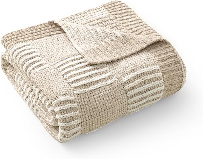 Amélie Home Checkered Knit Throw Blanket for Couch, Chenille Texture Decorative Soft Blanket for Sofa & Chair, 50"x60", Khaki & White