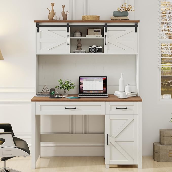 Farmhouse 47" Executive Desk, Computer Desk with Drawers and Storage Cabinet, Home Office Desks with Hutch and Charging Station, Workspace for Work & Study (Unique White).