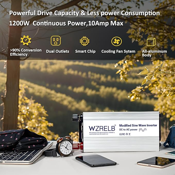 WZRELB 1200W Power Inverter 24V DC to 110V 120V AC,2400W Peak Modified Sine Wave Car Inverter with LED Display,Dual AC Outlets,Soft Starter,Off-Grid Power Converter with High Efficiency up to 90%