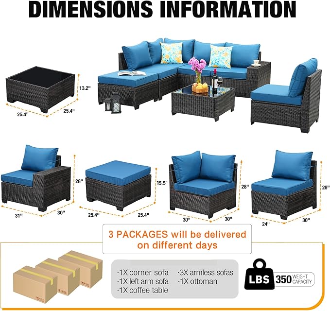 7 Pieces Patio Furniture Set All-Weather Outdoor Wicker Sectional Conversation Sofa Rattan Patio Seating Sofa with Cushion and Glass Table for Porch Poolside,Peacock Blue