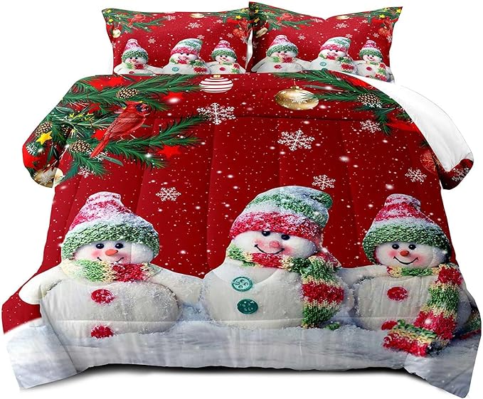 LUVIVIHOME 3PCS Merry Christmas Comforter Set King Size, Funny Cute Snowman Bedding, Cardinal Snowflake Xmas Christmas Bedroom Decor for Kids Girls Boys Teens, Red Quilt, 2 Pillow Cases