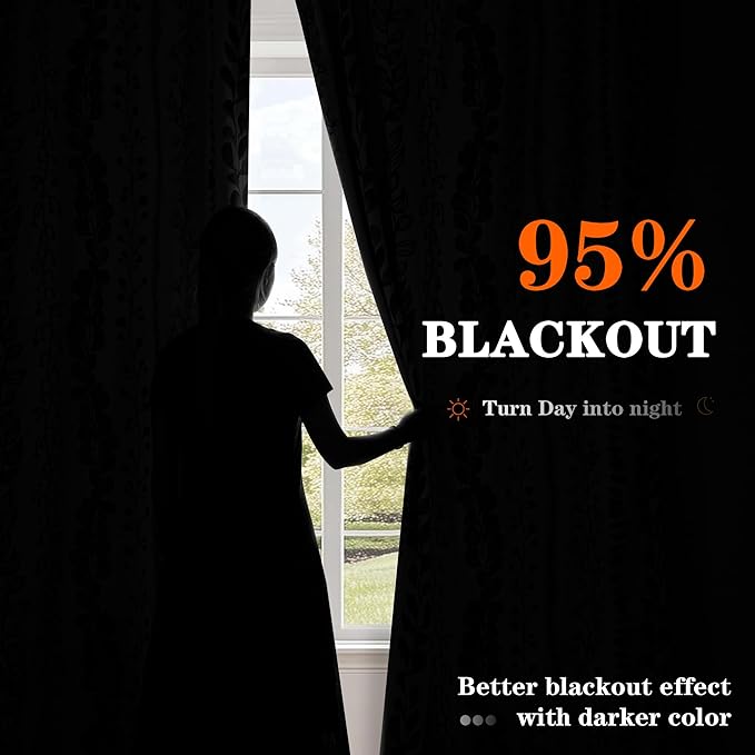 MEETSKY Boho Blackout Leaves Patterned Curtains 95 Inch Long 2 Panels Set for Bedroom, Room Darkening Dark Grey Drapes for Living Room, Thermal Insulated Rod Pocket Back Tab Window Treatment, 50"Wide