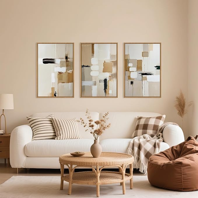 Large Abstract Beige Framed Canvas Wall Art Set, Neutral Textures Wall Decor, Warm Minimalist Shapes Wall Painting, Modern Neutral Art Prints for Living Room, Bedroom, Office - 16"X24"X3