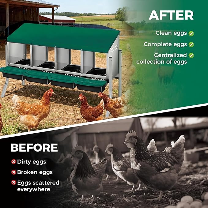 4-Hole Chicken Nesting Box, Roll Away Nest with Removable Tray, Easy Egg Collection & Cleaning, Wall-Mount Nesting Boxes for Hens, Chicken Coop - Green