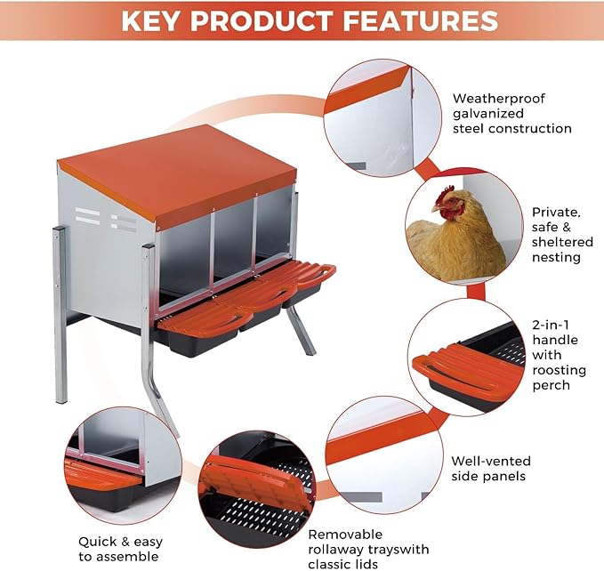 Garvee Chicken Nesting Boxes, 3 Hole Roll-Away Nesting Boxes for Chickens Coop with Perch, Hens, Ducks & Other Poultry,Egg Laying Box with Lid Cover to Protect Eggs,Easy to Assemble