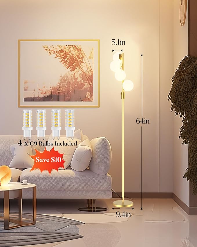 Lightdot 64IN Dimmable Globe Floor Lamp, Modern Gold Standing Lamps