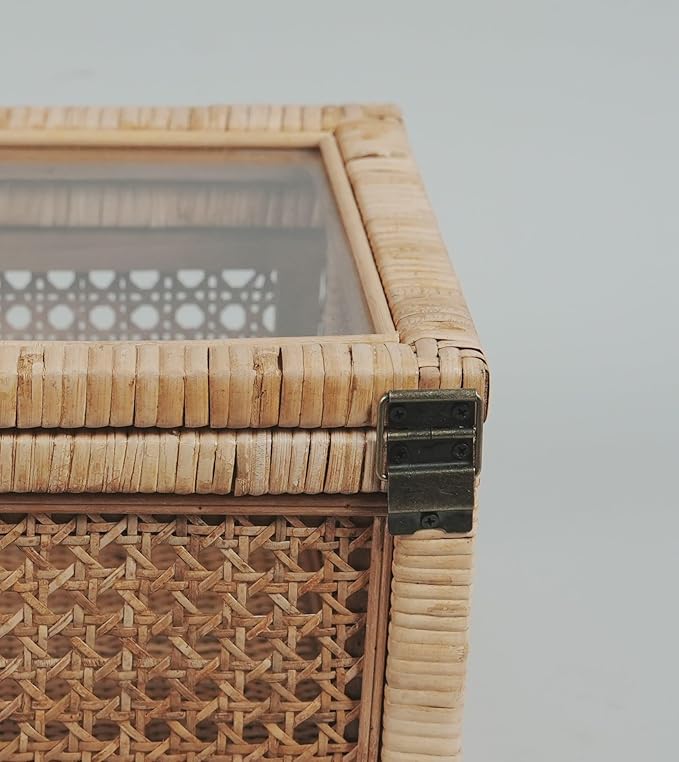 Rattan Box for Home Decor with Lid - Rectangular Coastal Bohemian Style Stackable Decorative Storage Box Set - Handmade from Natural Rattan, Cedar & Real Glass