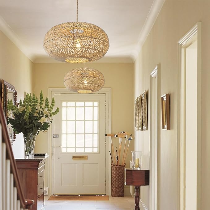 Rattan Pendant Light 16" 1-Light Hand-Woven Rattan Hanging Light，Wicker Woven Basket Chandelier，Modern Bohemian Pendant Lamp for Kitchen Island Foyer Farmhouse Porch