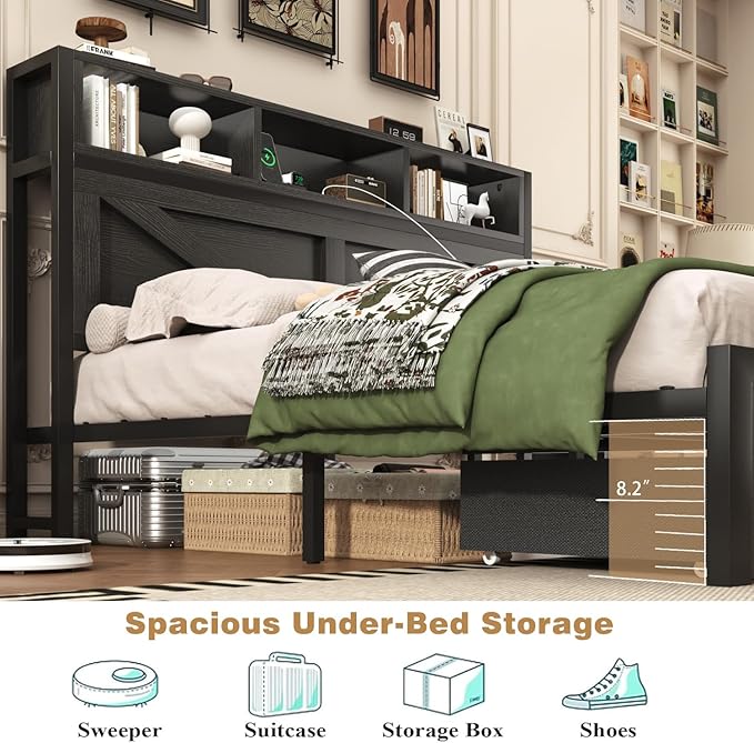 Farmhouse Queen Bed Frame with Bookcase Storage Headboard, Charging Station