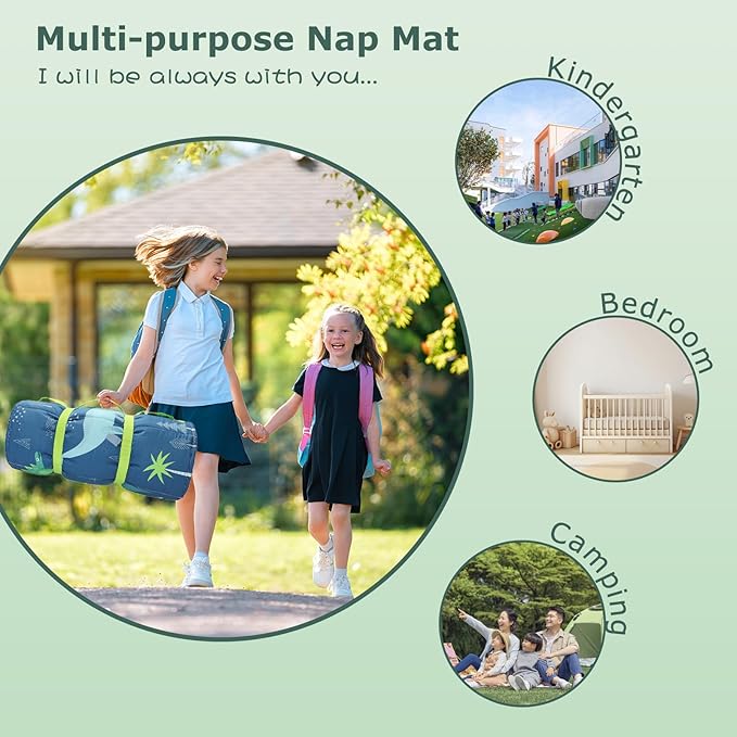 Toddlers Nap Mat with Removable Pillow and Soft Blanket, Lightweight Daycare Preschool Kindergarten Sleeping Bag, Travel Slumber for Kids Girls Boys