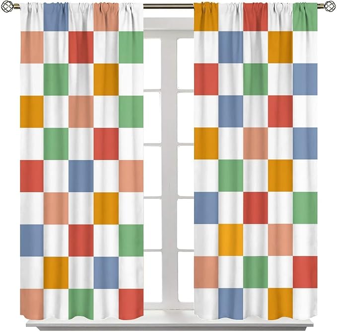 Retro Checkered Curtains,70s Vintage Twisted Checkered Window Drapes Colorful Groovy Trendy Wavy Hippie Grid Print Window Treatments for Kids Girls Bedroom Living Room Bathroom 42" W X 63" L
