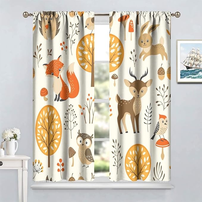 Kids Forest Animal Curtains,Baby Bedroom Window Treatments, Cartoon Watercolor Forest Animal Lion Boys Girls Children Bedroom Drapes 63x72in
