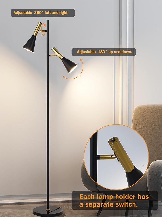 Modern Floor Lamp with 2 Adjustable Head Tall Pole Uplight