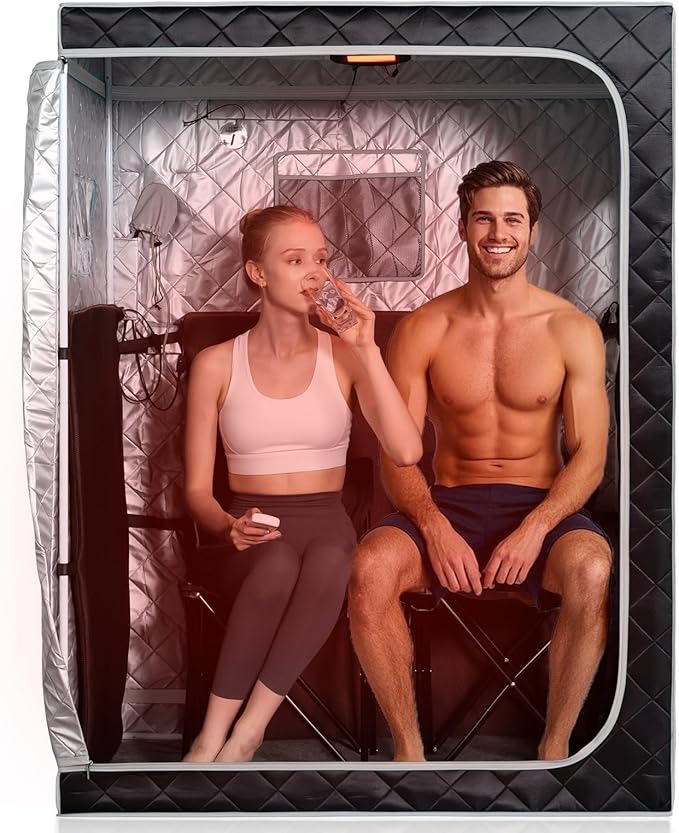 Smartmak Portable Far Infrared Sauna, Home Two Person Sauna Box with 660nm Red Light Therapy Lamp, X-Large Full Size Indoor SPA Tent for Body Recovery, Remote Control, 2 Folding Chairs, Greyborder