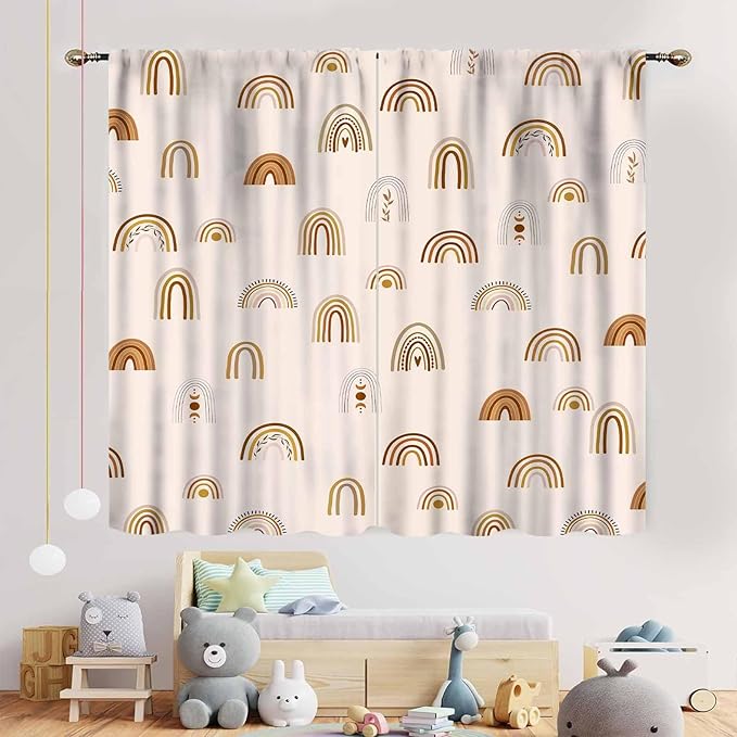 Rainbow Curtains, Boho Pastel Cute Cartoon Aesthetic Art Printed Beige Blackout Decorative Drapery for Kids Girls Baby Bedroom Living Room Classroom Nusery Bathroom Windows 2 Panels, 52"x84" Inch