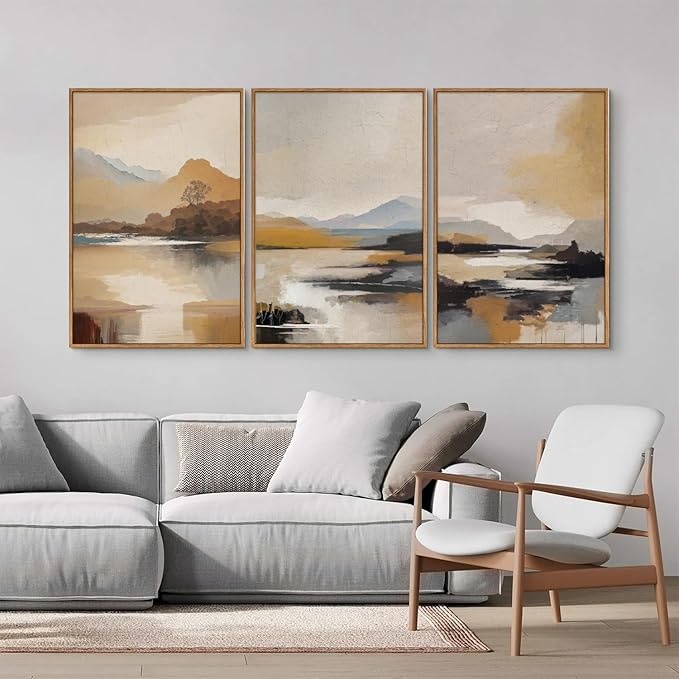 Tinonedraw Beige Mountain Landscape Framed Canvas Wall Art, Abstract Mid Century Modern Wall Decor, Golden Hour Lake Artwork, Neutral Nature Scenery Art Printing for Living Room Bedroom Office 16"x24"x3