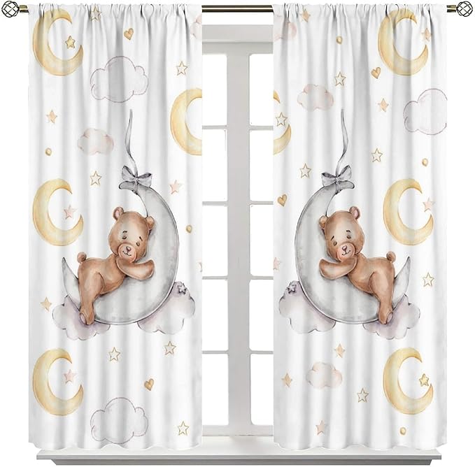 Cartoon Bear Curtains, Cartoon Watercolor Lovely Bear Moon Stars Printed Blackout Window Treatments, Rod Pocket Thermal Insulated Drapes 2 Panel Sets for Kids Bedroom Nursery Classroom, 84"W X 84"L
