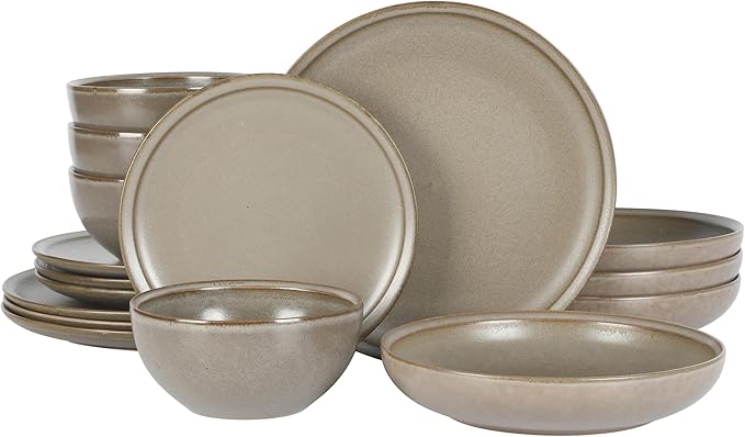 Gibson Elite Beckett Stoneware Matte Reactive Glaze 16 Piece (Service for 4) Plates and Bowls Dinnerware Set - Grey