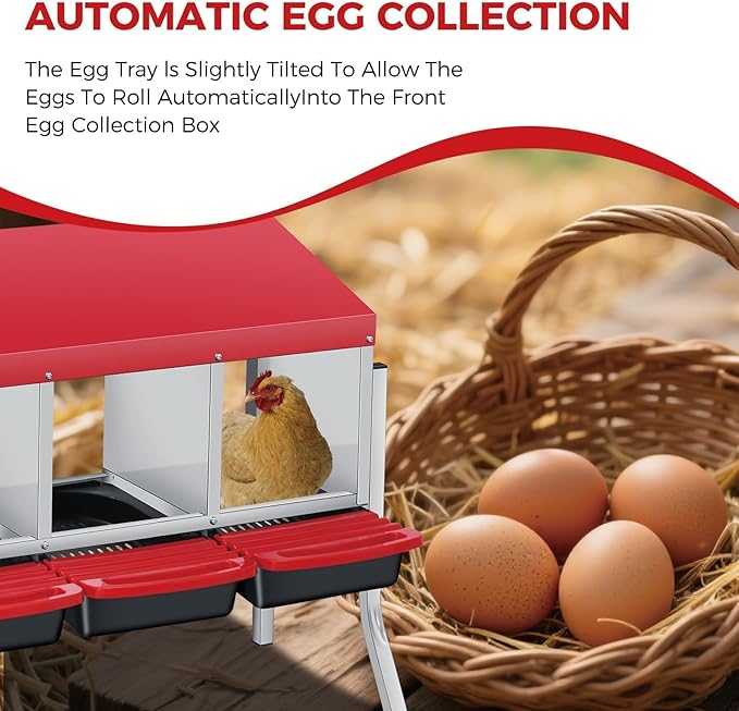 Heavy Duty 3-Compartment Chicken Nesting Box – Rollaway Egg Collection, Removable Galvanized Steel Tray, Perch, Lid, Metal Legs, Wall Mount or Freestanding, Hen Laying Box – Red, Three Grids