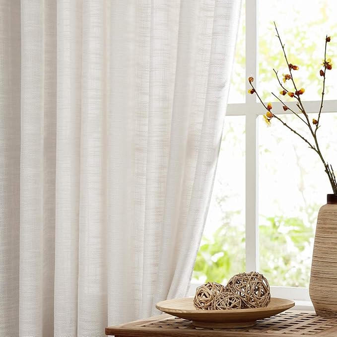 FMFUNCTEX Linen Semi Sheer Curtains 108 Inches Extra Long for Bedroom Living Room, Beige Curtain Panels Sheer Linen Textured Window Drapes Farmhouse Light Filtering Natural 2 Panels Rod Pocket