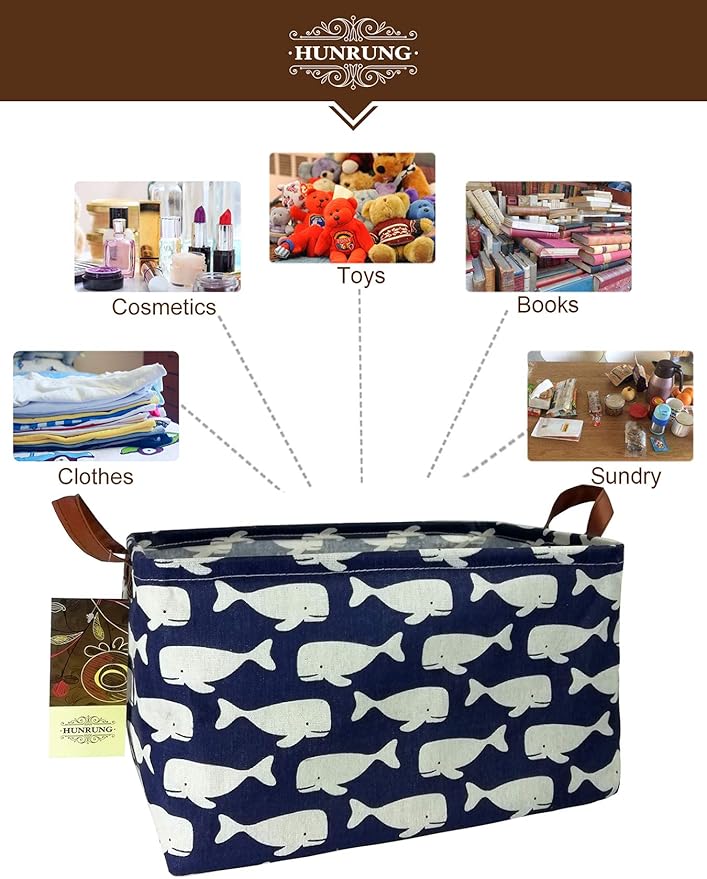 HUNRUNG Rectangle Storage Basket Cute Canvas Organizer Bin for Pet/Children Toys, Books, Clothes Perfect for Rooms/Playroom(whale)