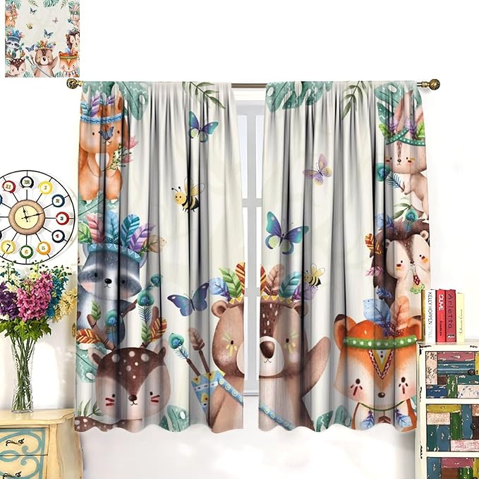 Jungle Safari Curtains, Cute Cartoon Forest Animals Pattern Blackout Window Treatments, Rod Pocket Thermal Insulated Drapes 2 Panel Sets for Children Boys Bedroom Nursery Classroom, 72" W X 63" L