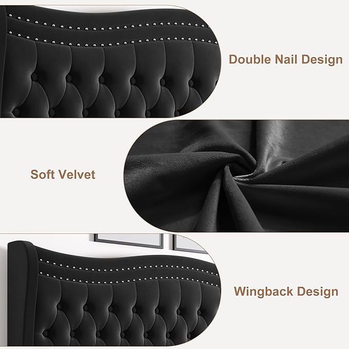 King Bed Frame with Tall Headboard & Footboard, Velvet Upholstered Platform Bed Frame with Deep Button Tufted Wingback, No Box Spring Needed, Noise Free, Black