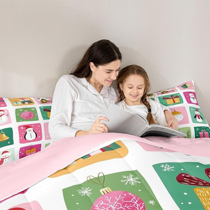 Feelyou Happy New Year Bedding Set Soft for Boys Girls, Christmas Decor Comforter Set Queen Size Merry Christmas Duvet Quilt Microfiber Winter Penguin Bedroom Decor 3 Pcs with 2 Pillow Cases