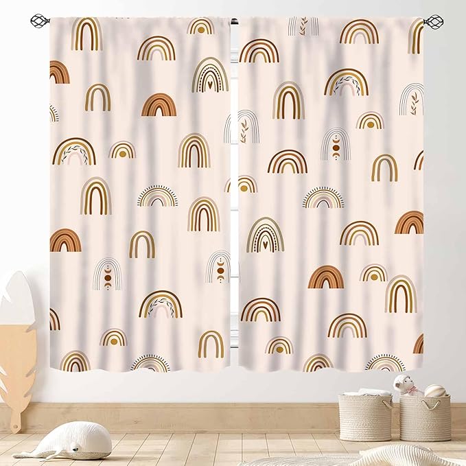Rainbow Curtains, Boho Pastel Cute Cartoon Aesthetic Art Printed Beige Blackout Decorative Drapery for Kids Girls Baby Bedroom Living Room Classroom Nusery Bathroom Windows 2 Panels, 42"x54" Inch