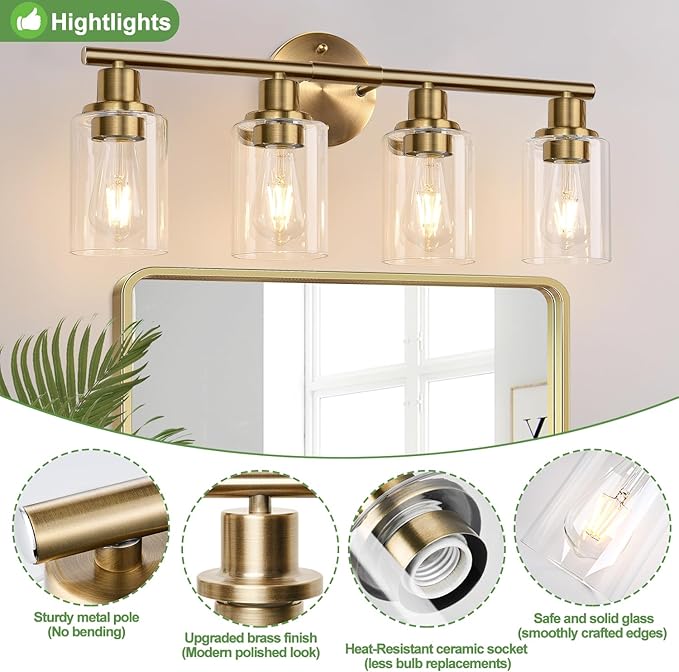 4-Light Bathroom Light Fixtures, Brushed Brass Modern Vanity Lights