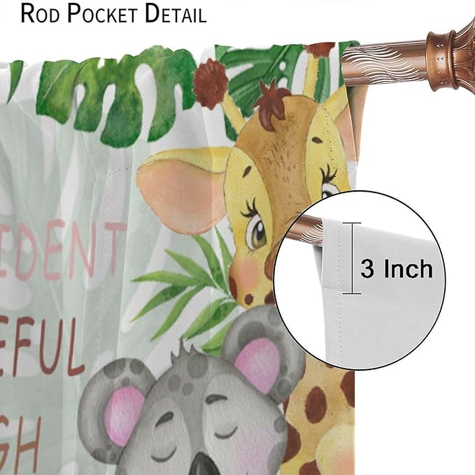 Cartoon Safari Animal Curtains Cute Watercolor Wildlife Jungle Window Treatments for Kids Boys Girls Bedroom Living Room Inspirational Motivational Quotes Nursery Children Drapes W63xL63