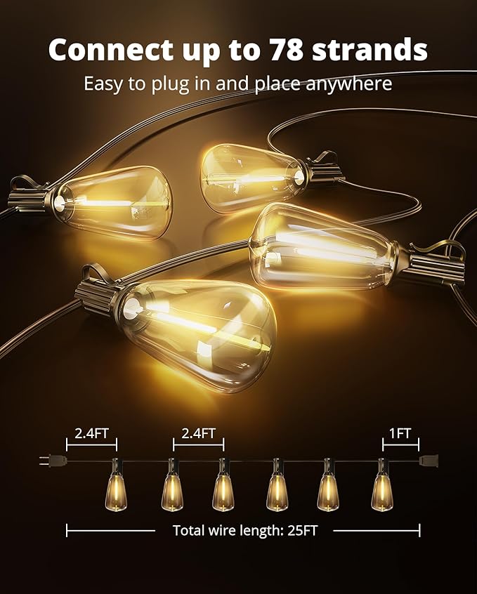 VIPAR Outdoor String Lights 25FT LED Patio Lights IPX5 Waterproof