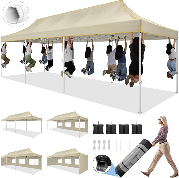 HOTEEL 10x30 Pop up Canopy Tent for Parties, Heavy Duty Easy Setup Tent with 5 Sidewalls, Outdoor Commercial Instant Gazebo for Wedding Event, with Roller Bag & Sand Bags, Khaki(Hexagonal Frame)