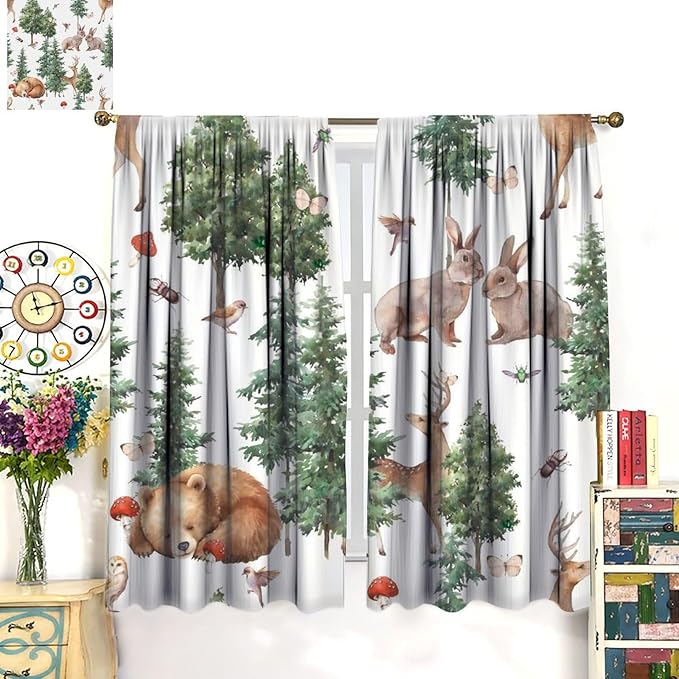 YCness Forest Animal Curtains, Wild Animals Watercolor Woodland Bear Rabbit Cartoon Window Treatments for Kids Bedroom Living Room Kitchen Living Room Drapes, 55x63 Inch
